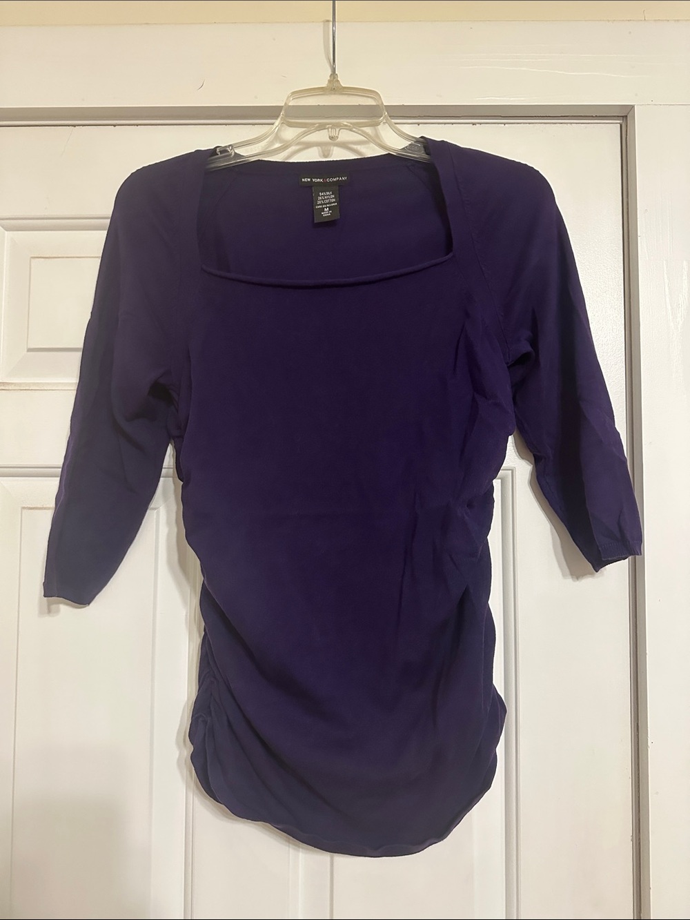 New York and Company Purple Scoop Neck 3/4 Sleeve Top with Rouching